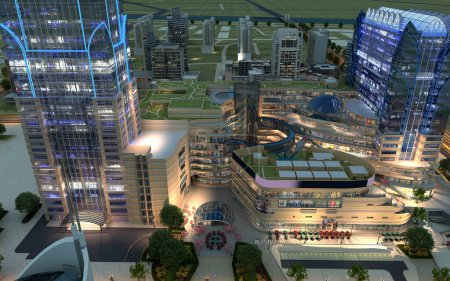 Téléchargez les photos : 3d render building exterior shopping mall skyscrapers at night - en image libre de droit