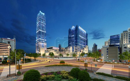 Photo for 3d render building exterior shopping mall skyscrapers at night - Royalty Free Image