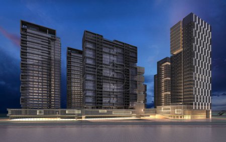 Téléchargez les photos : 3d render building exterior shopping mall skyscrapers at night - en image libre de droit