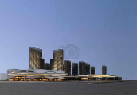Foto de 3d renderizado de rascacielos centro comercial vista exterior por la noche - Imagen libre de derechos