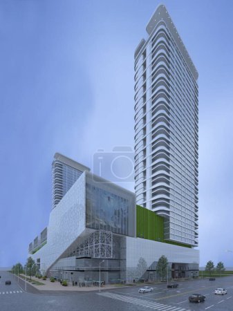 Photo for 3d render skyscrapers and shopping mall exterior - Royalty Free Image