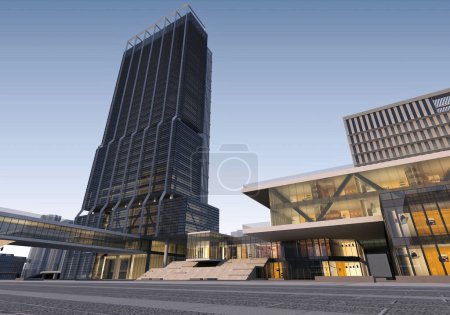 Foto de 3d renderizar rascacielos y centro comercial exterior - Imagen libre de derechos