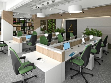 Foto de 3d renderizar interior de oficina de trabajo moderno - Imagen libre de derechos