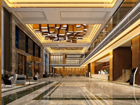 Foto de 3d renderizado de vestíbulo de recepción de hotel de lujo - Imagen libre de derechos