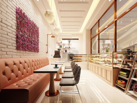 Foto de 3d renderizar cafetería restaurante panadería interior - Imagen libre de derechos