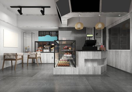 Téléchargez les photos : 3d rendre café restaurant boulangerie intérieur - en image libre de droit