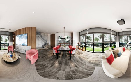 Foto de 360 grados hogar interior sala de estar 3d renderizado - Imagen libre de derechos