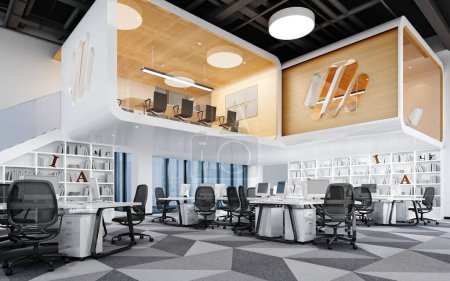 Foto de 3d renderizar interior de oficina moderna - Imagen libre de derechos