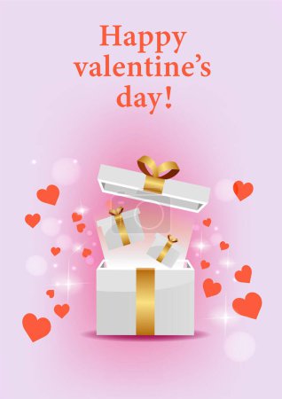 Valentine's day design. Realistic red gifts boxes. Open gift box full of decorative festive object. Holiday banner, web poster, stylish brochure, greeting card, cover. Romantic background
