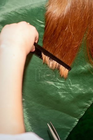 Téléchargez les photos : Un coiffeur fait une coupe de cheveux et peigne les cheveux longs d'une femme brune dans un salon de beauté - en image libre de droit