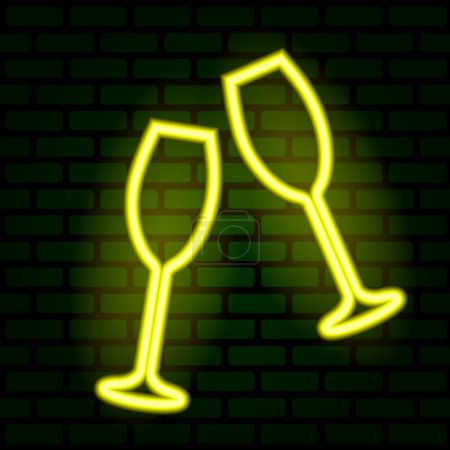Photo for Two clinking yellow neon champagne glasses sign illuminated on the green brick wall. Illustration in neon style - Royalty Free Image