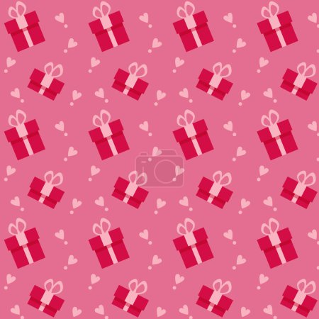 Illustration for Seamless pattern with red gift boxes and pink hearts on pink background. Vector illustration - Royalty Free Image