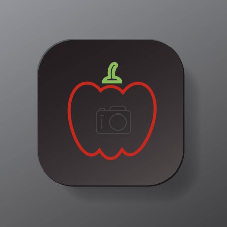 Illustration for Black square button with paprika vegetable outline icon, red bell pepper on the plate. Flat symbol sign vector illustration isolated on gray background. Healthy nutrition concept - Royalty Free Image