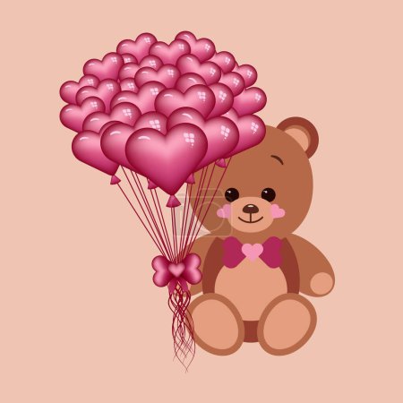 Illustration for Cute teddy with a bow tie and purple heart shape balls sitting on beige background - Royalty Free Image