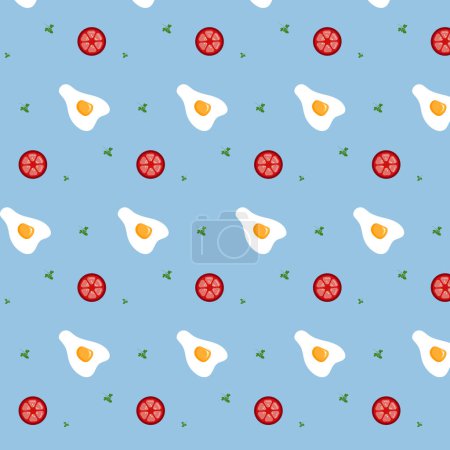 Illustration for Pattern with eggs and tomatoes. Breakfast wallpaper on blue background. Paper cut out vector - Royalty Free Image