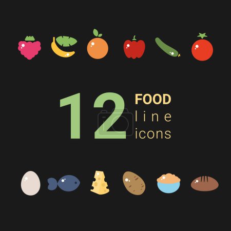 Ilustración de The dietary nutrition food outline icon set fruits and vegetables with egg, fish, hard cheese, oatmeal, and bread. Healthy eating concept vector illustration - Imagen libre de derechos