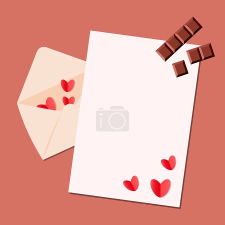 Illustration for White envelope with red hearts and postcard with chocolate pieces isolated on brown background. Love concept mockup - Royalty Free Image
