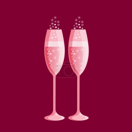 Téléchargez les illustrations : Two glasses of pink champagne with bubbles isolated on a maroon background - en licence libre de droit
