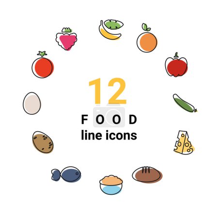 Illustration for Vector illustration dietary nutrition food outline icon set - strawberry, banana, orange, tomato, cucumber, bell pepper, egg, fish, hard cheese, potato, oatmeal, bread Healthy eating concept - Royalty Free Image