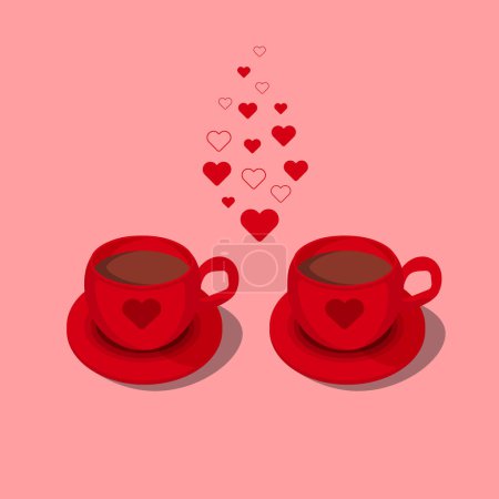 Illustration for Two red cups of hot chocolate with heart ornament and steam like the shape of little hearts. Love greeting card vector illustrations, Isolated design elements - Royalty Free Image