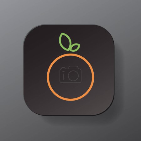 Illustration for Black square button with orange fruit outline icon, orange with green leaf on the black plate. Flat symbol sign vector illustration isolated on gray background. Healthy nutrition concept - Royalty Free Image