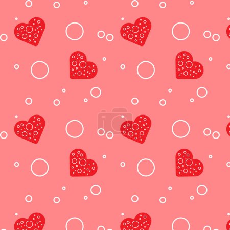 Illustration for Red hearts with drops and circles in seamless pattern isolated on a red background. Love concept. Vector Illustration - Royalty Free Image