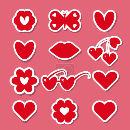 Ilustración de Set of vector love icon stickers. Sticker in the form of lips, hearts, flowers, vector Illustration of romantic stickers - Imagen libre de derechos