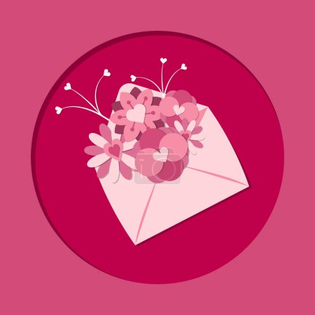 Téléchargez les illustrations : Pink envelope with red and pink flower hearts isolated on maroon background. Love concept. Postcard paper cut out - en licence libre de droit