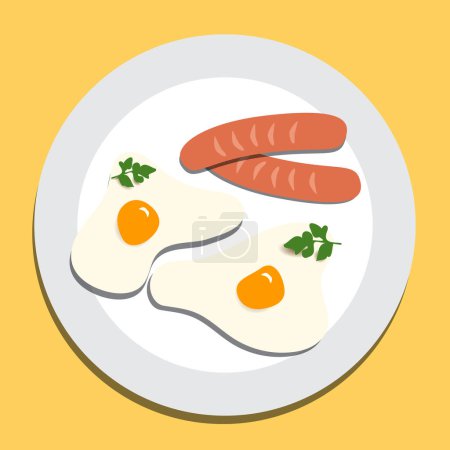 Ilustración de Fried eggs with sausages and parsley on white plate top view on yellow background, vector illustration - Imagen libre de derechos