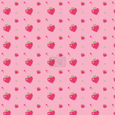 Illustration for Seamless pattern with raspberry fresh fruit. Healthy vitamin nutrition wallpaper on a green background. Outline color vector illustration - Royalty Free Image