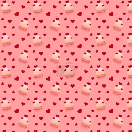 Téléchargez les illustrations : Seamless pattern with cupcakes and hearts on pale pink background. Vector illustration - en licence libre de droit