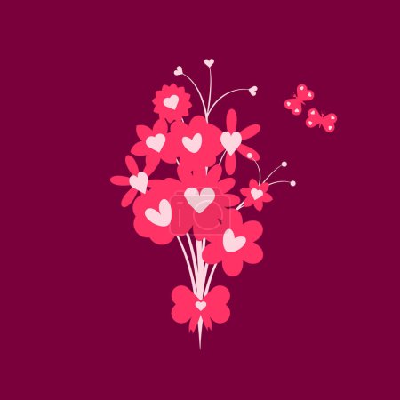 Téléchargez les illustrations : Flowers bouquet with butterflies tied with heart shape bow. Love flat icon - en licence libre de droit