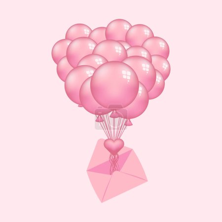 Téléchargez les illustrations : Festive bunch of pink fly balloons tied with a heart postcard and envelope on pink background for Valentines card. Vector illustration - en licence libre de droit