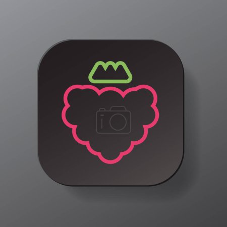 Téléchargez les illustrations : Black square button with raspberry fruit outline icon, pink berry on the plate. Flat symbol sign vector illustration isolated on gray background. Healthy nutrition concept - en licence libre de droit