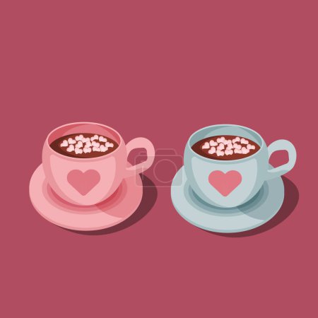 Téléchargez les illustrations : Two hot chocolate cup with marshmallows, blue and pink cups of cocoa with pink heart ornament. Love greeting card vector illustrations, Isolated design elements - en licence libre de droit