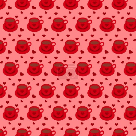 Ilustración de Seamless pattern with red coffee cups and hearts on a red background. Vector illustration - Imagen libre de derechos