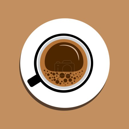 Téléchargez les illustrations : Vector cup of coffee with foam on a white saucer on a brown background top view. Minimal design flat style illustration - en licence libre de droit