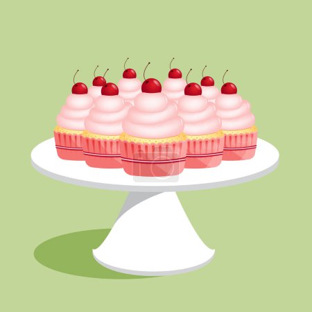 Téléchargez les illustrations : Many flavor cupcakes with red cherries on a white platter, vector Illustration - en licence libre de droit