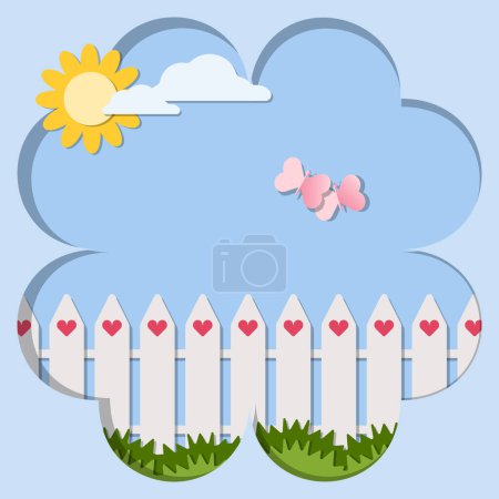 Ilustración de Love postcard paper cutout vector illustrations. White fence with green grass and butterflies on blue sky and the sun background - Imagen libre de derechos