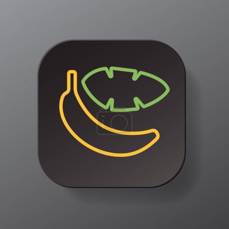 Ilustración de Black square button with banana fruit outline icon, yellow banana with green leaf on the plate. Flat symbol sign vector illustration isolated on gray background. Healthy nutrition concept - Imagen libre de derechos