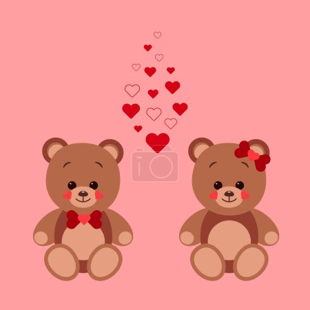 Ilustración de Two teddy bears in love sit between many little red hearts. The concept of Valentine Day. Flat vector illustration isolated on a red background - Imagen libre de derechos