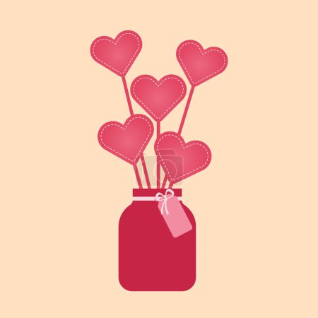 Ilustración de Pink hearts on a stick in a jar with a gift tag. Vector illustration - Imagen libre de derechos