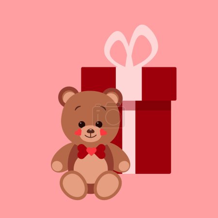 Illustration for Cute teddy bear with gift box, greeting card, vector illustration - Royalty Free Image