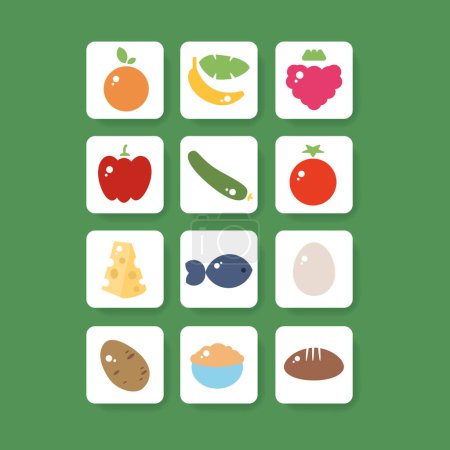 Téléchargez les illustrations : Set of colorful fruit and vegetable square button icons for app healthy nutrition. Vector illustration. Colorful outline web elements - en licence libre de droit