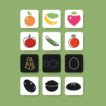 Illustration for Set of colorful fruit and vegetable square button icons for app healthy nutrition. Vector illustration. Colorful outline web elements - Royalty Free Image