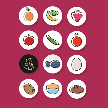 Ilustración de Set of colorful fruit and vegetable round button icons for app healthy nutrition. Vector illustration. Colorful outline web elements - Imagen libre de derechos