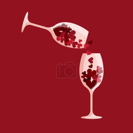 Téléchargez les illustrations : Two wine glasses with hearts. Many little red hearts pour from one glass to another. Valentines day concept. Vector illustration - en licence libre de droit
