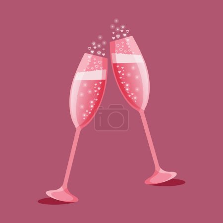 Téléchargez les illustrations : Two glasses of pink champagne with bubbles isolated on a pink background - en licence libre de droit