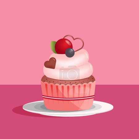 Téléchargez les illustrations : Cupcake with heart shape chocolate and cherry on the plate in flat style isolated on pink background. Love, valentines day concept. Vector illustration - en licence libre de droit