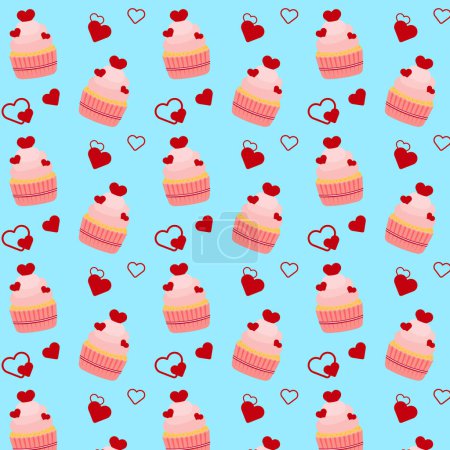 Ilustración de Seamless pattern with cupcakes and hearts on blue background. Vector illustration - Imagen libre de derechos
